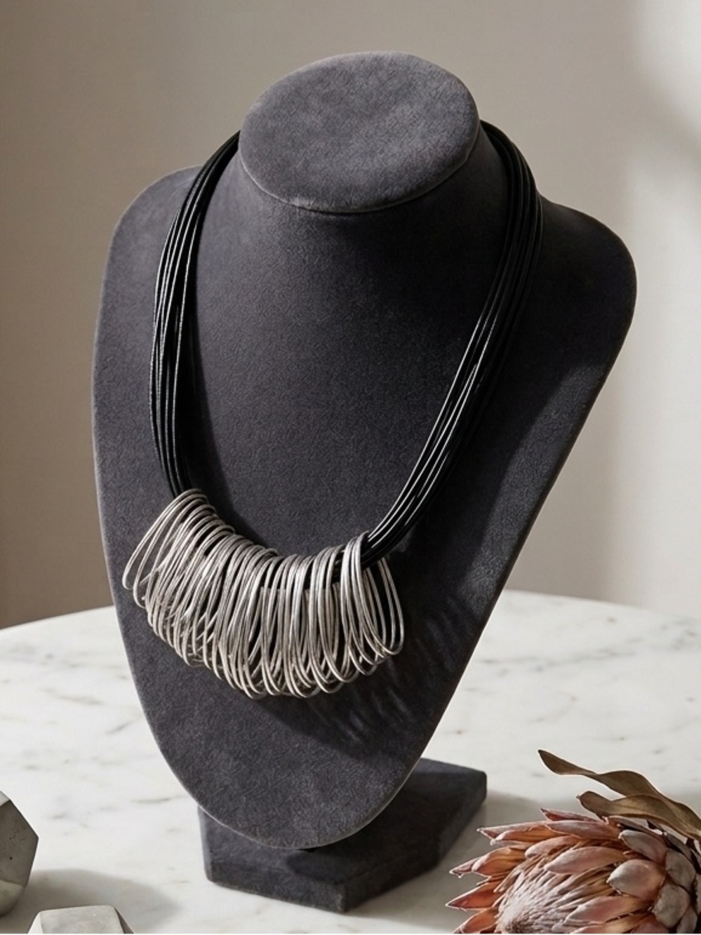 Vintage 90s Silver Fringe Statement Necklace Black Multi Strand Cord